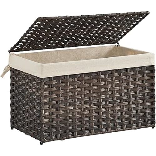 SONGMICS Storage Basket with Lid, Woven Blanket Storage Bin with Handles, Foldable, Removable Liner, Metal Frame, for Bedroom, Laundry Room, 17.2 Gallons (65 L), Brown URST56BR