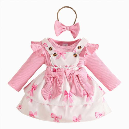 CAICJ98 Baby Girl Clothes Fall Winter Outfit Long Sleeve Ruffle Romper Plaid Skirt Bow Headband 3 Pcs Set Pink,Size 6-9 Months