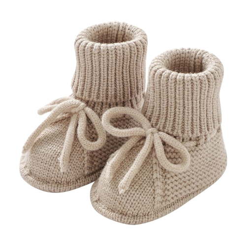 Xfvqtps Baby Booties Knitted Crochet Solid Color Lace up Bow Mid Tube Non Slip Soft Comfortable Warm Winter House Shoes Prewalker Khaki