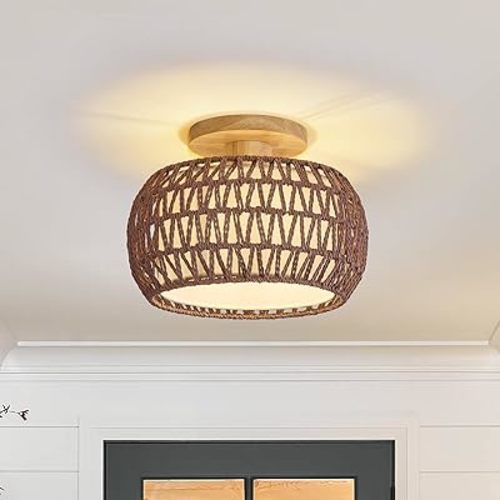 Boho Rattan Ceiling Light Fixture - 3 Style Options Wicker Semi Flush Mount Ceiling Lights,Brown Coastal Light Fixtures,Bohemian Woven Basket Chandelier for Hallway Bedroom Nursery Kitchen Laundry