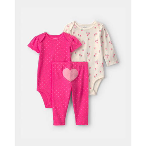 Baby Girl 3-Piece Heart Bodysuit & Pant Set - Pink/Ivory | Carter's