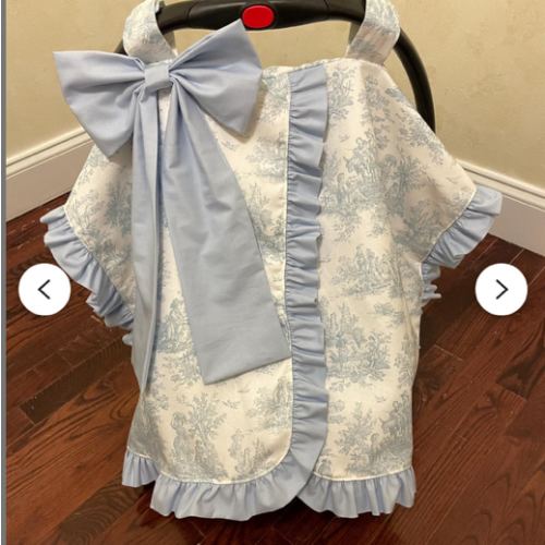 Choose Your Color Toile Car Seat Canopy with Large Bow and Ruffle, Monogrammed Car Seat Tent, Personalized Baby Shower Gift