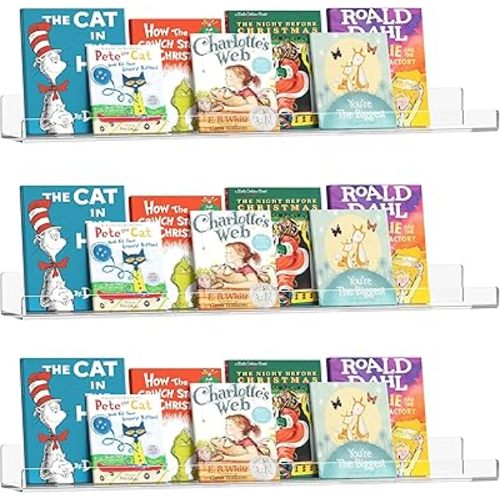 36 Inches Clear Acrylic Floating Shelves Wall, Bookshelf for Kids, Nursery Book Shelves, Magazine Rack, Picture Ledge Shelf for Photo Frames Vinyl Records, Pack of 3