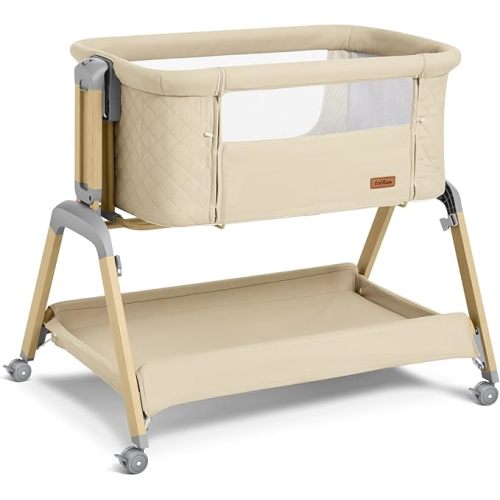 Bassinet Bedside Sleeper, Rocking Bassinets with Comfy Mattress and Wheels for Newborn, 5-Height Adjustable (Beige)
