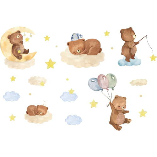 5 Styles Cartoon Bear Wall Decals Cute Bear Sleeping on The Moon Stars Clouds Wall Stickers for Baby Room Decor Baby Shower Room Interior Decor Bedroom Playroom Wall Art diy