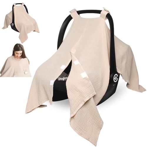 Baby Car Seat Cover Muslin Infant Carseat Canopy, Peekaboo Opening Car Seat Covers, Unisex Large Universal Fit Lightweight Breathable Newborn Breastfeeding Nursing Covers