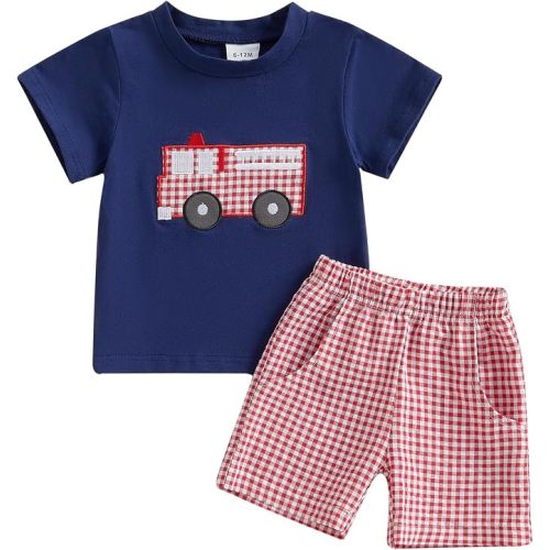 Toddler Baby Boy Firetruck Outfit Fire Truck T Shirt Top Red Gingham Shorts Set 2Pcs Birthday Summer Clothes