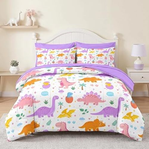 Pamnest Full Comforter Set for Girls, 7 Pieces Dinosaur Bedding Set