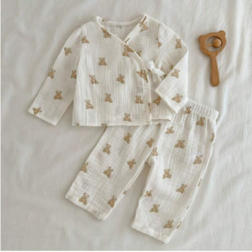 Loomiva Newborn Baby Boy/Girl Cartoon Bear Pattern Tie-Front Top And Elastic Waist Pants 2 Pieces Set Neutral Baby Clothes Baby Bear Outfit Newborn Baby Clothes Fall Winter