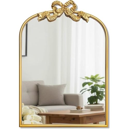 Gold Bow Mirror 27"x19" Vintage Arched Vanity Wall Decorative Mirror with Metal Frame Antique Baroque Bow Decor for Home Dressing Table Entryway Bathroom Hallway Living Room