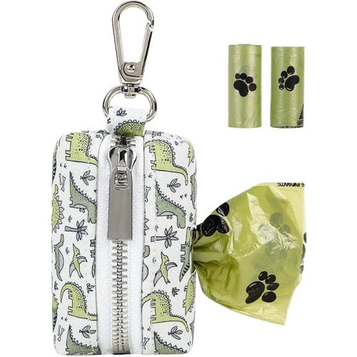ARING PET Dog Waste Bag Dispenser, Cotton Doggy Poop Bags Holders Attach to Any Leashes, Portable Washable Dinosaur Pet Waste Pouch Dispenser with Metal Zipper