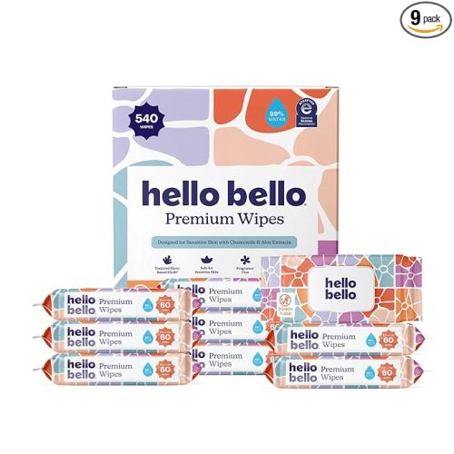 Hello Bello Premium Wipes, Designed for Sensitive Skin with Chamomile & Aloe Extracts, Flower Pop (9 Resealable Packets = 540 Total Wipes)