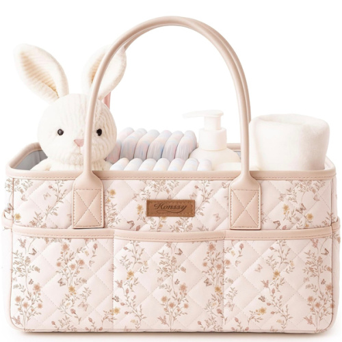Amazon.com: Konssy Baby Diaper Caddy Organizer, Floral Design with PU Leather Handles | Quilted, Water-Repellent, Diaper Caddy Basket with Removable Dividers, Baby Registry Must Have, Newborn Essentials (Floral)