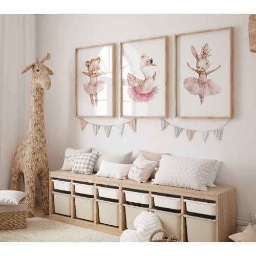 Ballerina Animal Prints: Bunny, Swan, Teddy in Pink Tutus - Set of 3