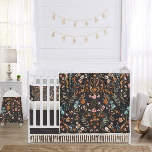 Boho Floral Wildflower Black and Orange Collection Sweet Jojo Designs 6 Piece Crib Bedding + BreathableBaby Breathable Mesh Liner