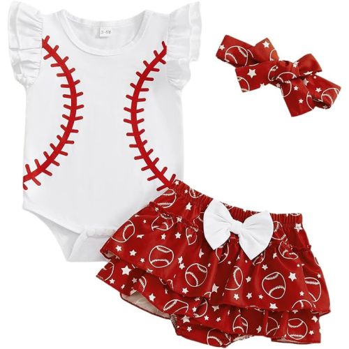 Newborn Baby Girl Baseball Outfit Baseball Sleeveless Romper Ruffle Shorts Set Headband 3Pcs Summer Clothes