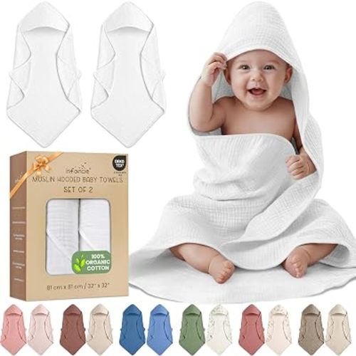 100% Organic Cotton 2 PK Muslin Baby Hooded Towels Newborn 81x81cm
