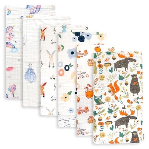 Maliton Muslin Baby Burp Cloths 6 Pack Large 20''x10'' 100% Cotton Burp Rags Absorbent and Soft 6 Layers Muslin Cloth Baby Essentials for Newborn(Zoo Pattern, Pack of 6)