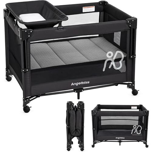 ANGELBLISS Baby Bassinet Bedside Crib, Pack and Play with Mattress, Diaper Changer, One-Push Setup Playards from Infants to Toddlers (Balck)