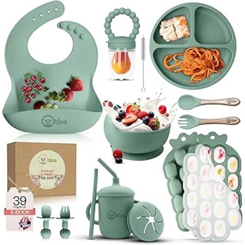 O'doe Baby Weaning Set – 15 Pcs Silicone Baby Feeding Set with Suction Plate, Bowl, Bib, Sippy Cup, Fruit Feeder, Freezer Tray