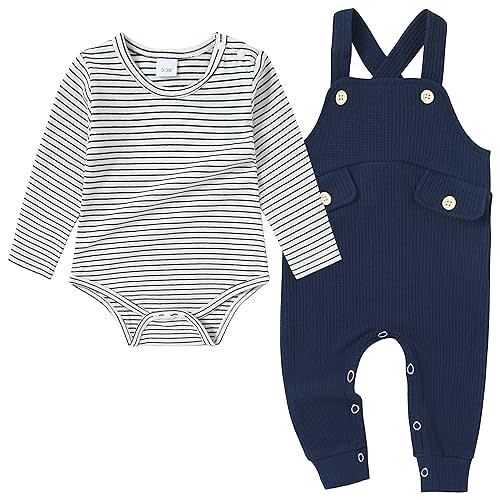 CARETOO Newborn Baby Boy Clothes Infant Boy Romper Fall Winter Outfits Bodysuit 2Pcs Striped Long Sleeve Top Overalls 0-18M