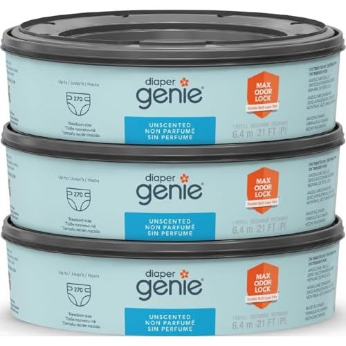The Diaper Genie Unscented Round Refill 3-pack, with continuous film can hold up to 810 newborn-sized diapers per refill.