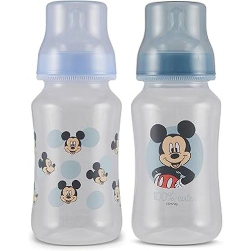 Disney Mickey Mouse Baby Bottles 11 oz for Boys or Girls | 2 Pack of Infant Hourglass Shaped Bottles with Cover for Newborns and All Babies | BPA-Free Plastic Baby Bottle for Baby Shower