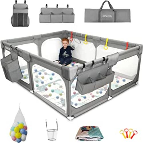 Baby Playpen with Mat 75"*59", Extra Large Playpen for Babies and Toddlers with Storage Bag, BPA-Free, Non-Toxic, Safe No Gaps Playards for Babies, Sturdy Safety Play Yard for Indoor Outdoor Fun, Grey
