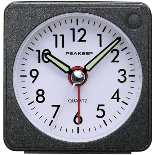 Peakeep Ultra Small, Battery Travel Alarm Clock with Snooze and Light, Silent with No Ticking Analog Quartz (Black)