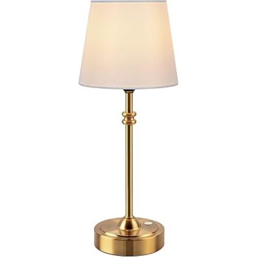 ONEWISH Cordless Lamp-Battery Operated Table lamp, 4000mAh Rechargeable, Stepless Dimmable, Small Touch Bedside Lamp with Fabric Shade, for Dining, Patio, Bathroom(Gold)