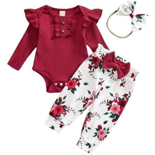 Baby Girls Clothes Ribbed Romper Bodysuit Pants Headband Set Fall Winter Outfits