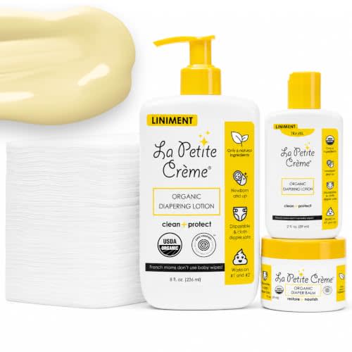 La Petite Creme Diapering Gift Set for Baby Shower, Newborn Essentials | Moisturizer & Skin Cleanser, Liniment Baby Lotion, Diaper Rash Cream, USDA Certified, EWG Verified, Organic Ingredients