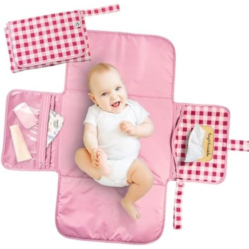 Tiny Twinkle Portable Diaper Changing Pad | Waterproof, Wipeable & Compact Baby Changing Pad for Travel | Smart Wipes Pocket & Organized Storage| Newborn Shower Gift (Raspberry Gingham)