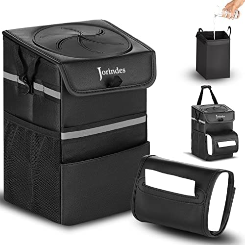 Large Travel Car Trash Can with Lid Detachable Tissue Holder, Car Garbage Bag Hanging with Strap, Auto Trash Bin with Leak-Proof Liner, Vehicle Waster Container, 3 Pocket car accessories trash holder