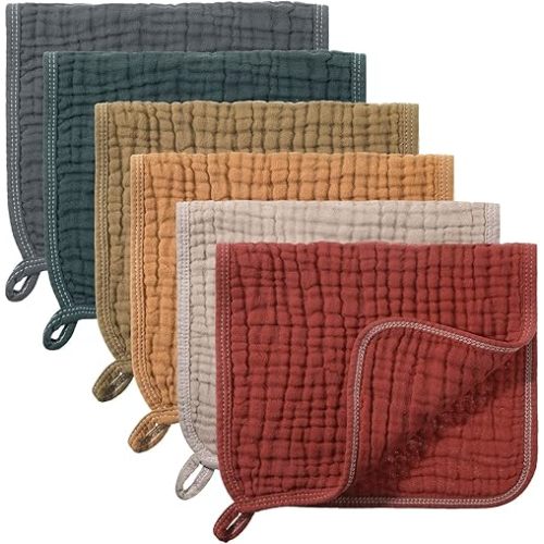 Hicarer 6 Count Muslin Burp Cloths Cotton Baby Burping Rags Large 20 x 10 Inch 6 Layers Spit up Rags Soft Absorbent Multicolor Wash Cloths Diapers for Newborn Baby Girl Boy(Dark Color Series)