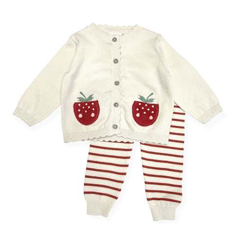 Strawberry Embroidered Pocket Baby Cardigan & Pants Set (Organic)