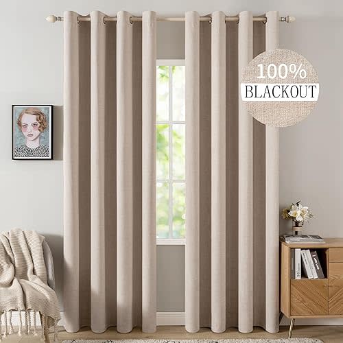 MIULEE 100% Blackout Linen Curtains for Bedroom 52x72 Inches Natural Beige