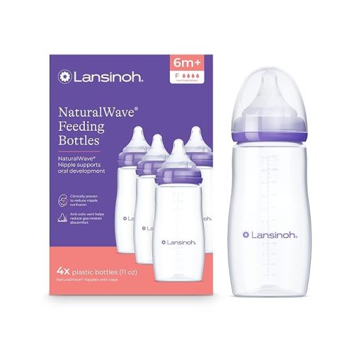 Lansinoh Anti-Colic Baby Bottles for Babies 6 months and Older, 11 Ounces, 4 Count, with 4 Fast Flow Nipples, Size F
