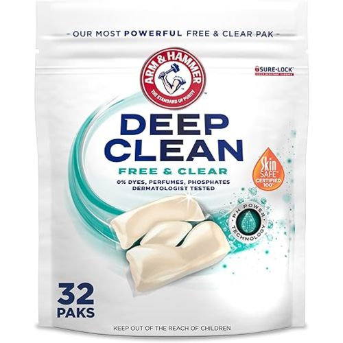 ARM & HAMMER Deep Clean Free & Clear Laundry Detergent Power Paks, 32 Count