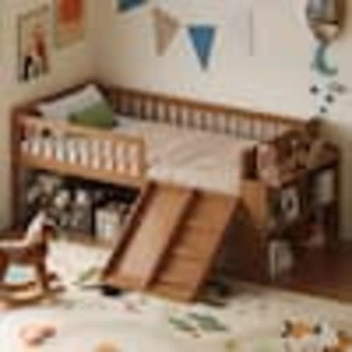 Harper & Bright Designs Light Walnut Twin Size Kids Bed with Slide, Ladder, Storage Shelf, Safety Guardrail, Easy Assembly LHC198AAM