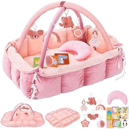 5-in-1 Plush Baby Play Gym, Baby Play Mats, Convertible Baby Gym with Pillow, Tummy time mat, 6 Sensory Toys, Activity Center, Ball Pit, Light Pink