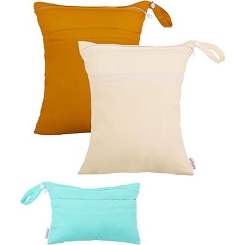 ALVABABY 3 Cloth Diaper Wet Dry Bags Waterproof Reusable with Two Zippered Pockets Travel Beach Pool Daycare Soiled Baby Items Yoga Gym Bag for Swimsuits or Wet Clothes Small medium Large 3L-SML03