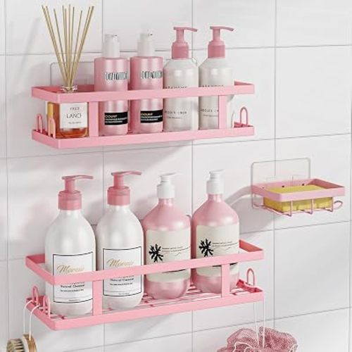 Adhesive Shower Caddy,Shower Shelves with Soap Holder and 12 Hooks,No Drilling Bathroom Organizer and Storage,Pink,3 Pack