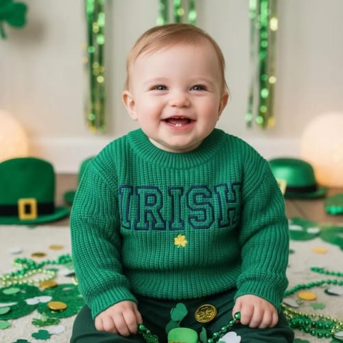 Baby/Toddler Notre Dame "IRISH" Embroidered Sweater - Kids Fighting Irish Knit Pullover - Toddler University of Notre Dame Football Sweater