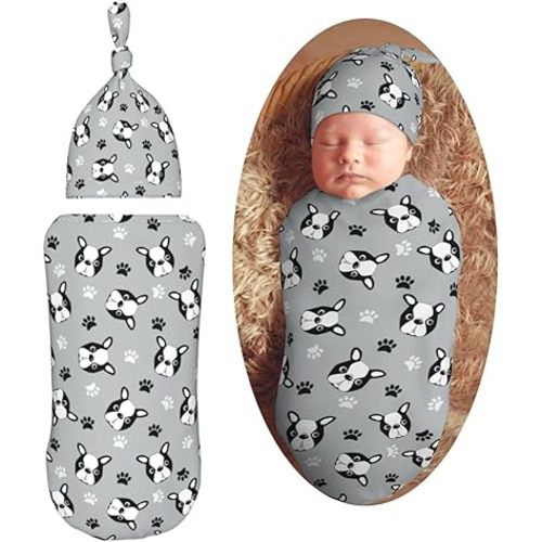 Cute Boston Terrier Puppy Newborn Swaddle Blanket with Beanie Set Soft Baby Sleep Sack Stretch Adjustable Swaddle Wraps Receiving Blankets