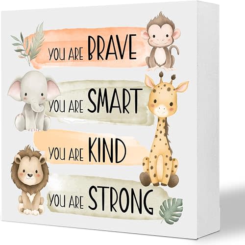 LCTXIYCROS Positive Affirmations Wooden Box Sign, Inspirational Quotes Plaque Sign for Home Desk Shelf Table, Safari Animal Watercolor Decor for Bedroom Classroom Nursery Playroom – You Are Brave, Smart, Kind and Strong (5x5 Inches)