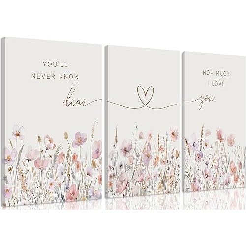 3Pcs Wildflower Nursery Canvas Wall Art Flower Botanical Sentence Poster Painting Picture Wall Decor Boho Girl Nurseries Print Artwork for Nursery Baby Room Living Room Bedroom Home Decoration12x16in