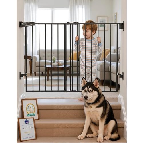 Babelio 26-43" Auto Close Baby/Dog Gate for Stairs, 2-in-1 Easy Swing Doorway and Hallway Pet Gate, with Extra-Wide Walk Thru Door and Threshold-Free Design, Black