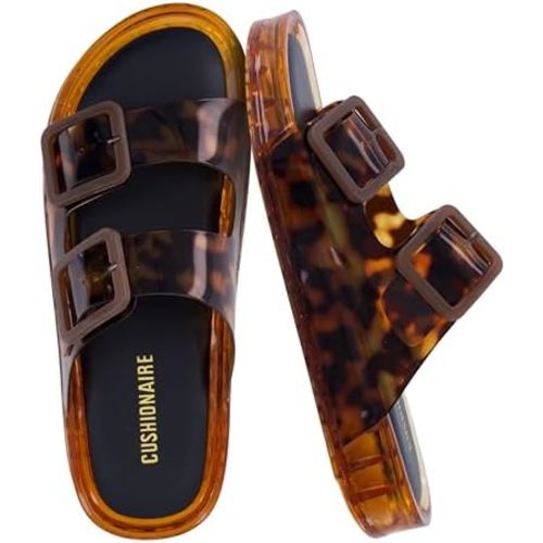 CUSHIONAIRE Pool Slides for Women Water Resistant Double Buckle Adjustable Slip-On Womens Sandals for Beach Shower Casual Wear