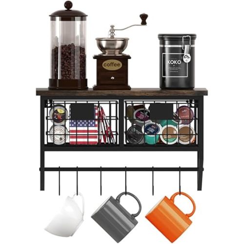 Helsin Industrial Wall Mounted Metal Wood Floating Shelves with Baskets Hooks Hanging Display Shelf Sundries Holder for Coffee Bar Kitchen Bathroom Organization and Home Decor, Black (16inch, 1 Set)